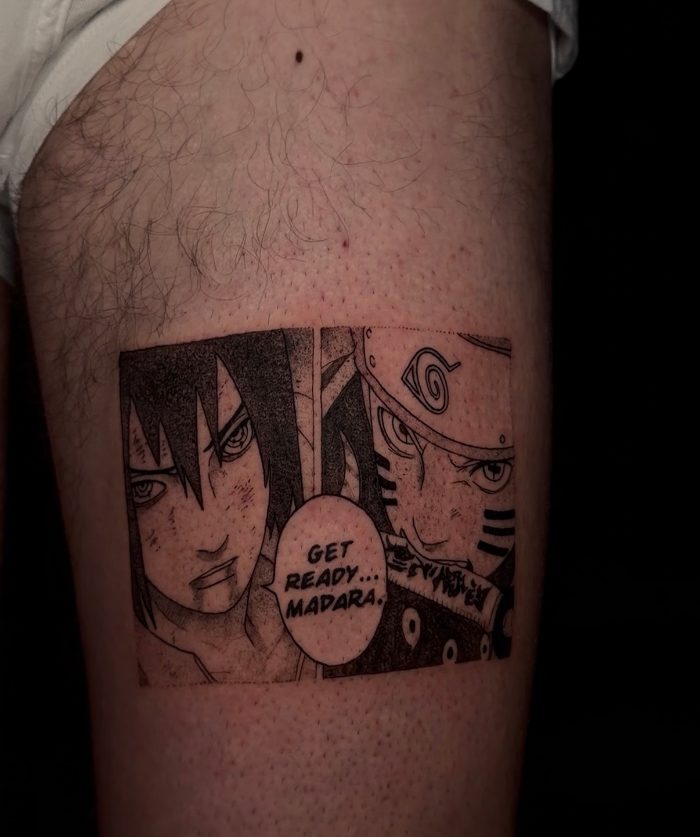 Tatuaggio con vignetta manga sulla coscia